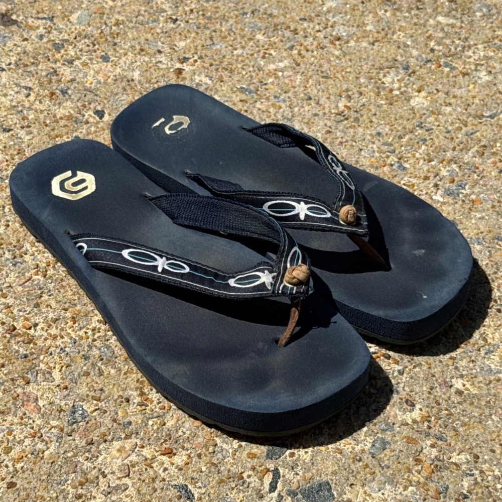 Ocean Pacific OP Womens 8 Flip Flops Black Blue Thong Sandals Surf Beach Shoes